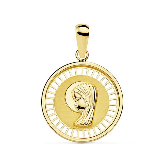 18K Medalla Oro Amarillo Virgen Niña Cerco Calado 18 Mm