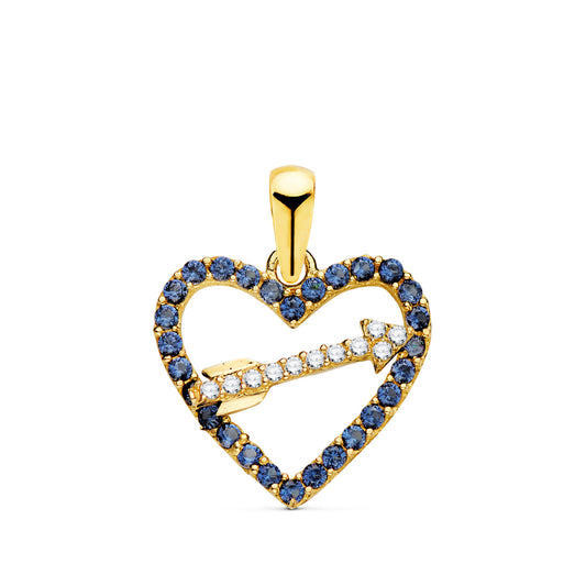 18K Colgante Oro Amarillo Corazon Con Circonita Azules Y Flecha 15 X 14Mm