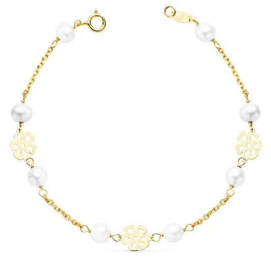 18K Pulsera Oro Amarillo Comunion Flores Caladas 17Cm