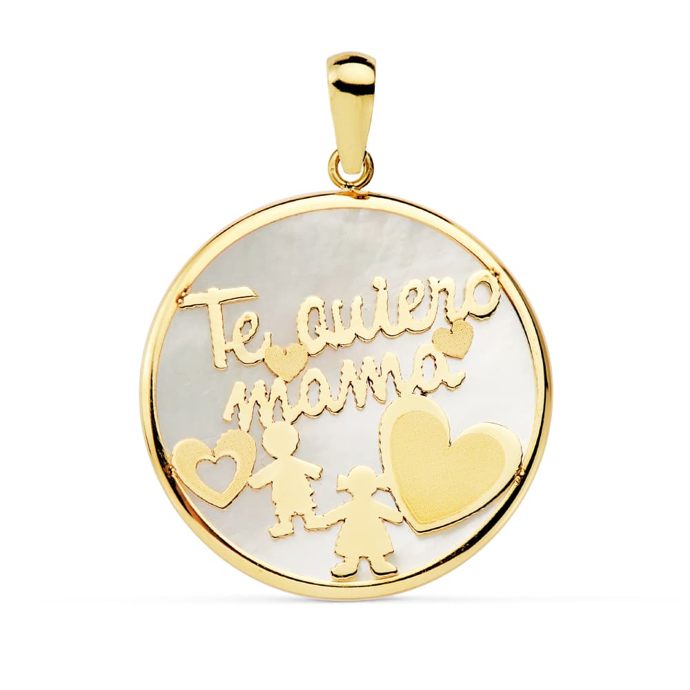 9K Colgante Oro Amarillo Mama Nacar Niño Y Niña 20 Mm