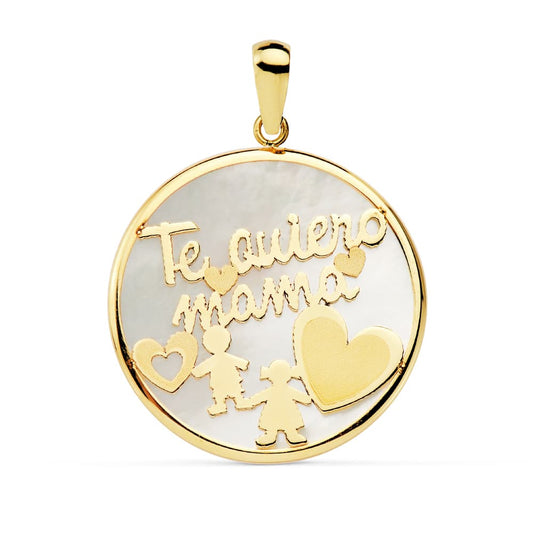 9K Colgante Oro Amarillo Mama Nacar Niño Y Niña 20 Mm