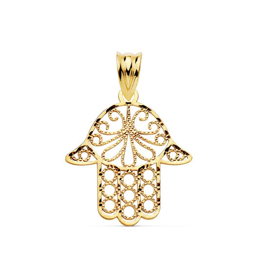 9K COLGANTE ORO AMARILLO MANO DE FATIMA TALLADA. MEDIDA: 20 X 18 MM