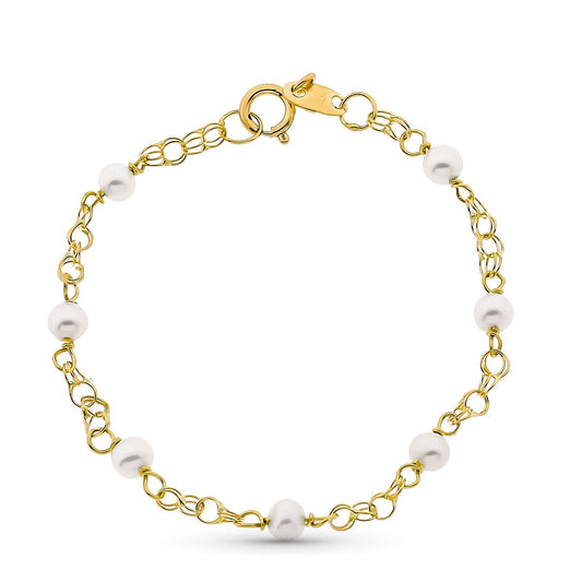 18K Pulsera Oro Amarillo Niña Perlas 3 Mm Y Cadena Húngara Longitud 12Cm