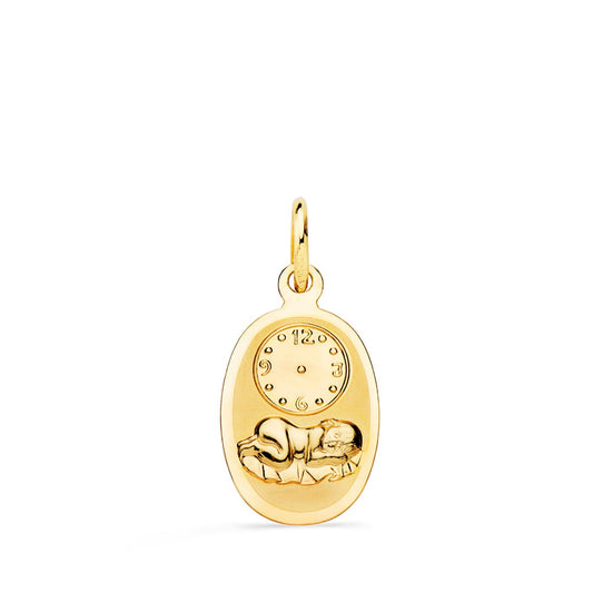 18K Medalla Oro Amarillo Oval Niño De La Hora Con Reloj Brillo Y Mate 18X10 Mm