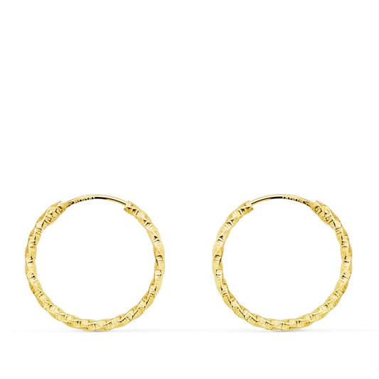 18K Aros Oro Amarillo Huecos Retorcidos Con Tallado 15X1.30 Mm