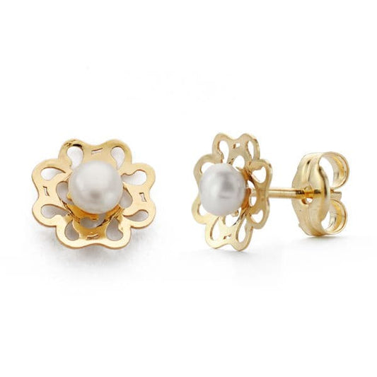 9K Pendientes Oro Amarillo Perla 7X7 Mm Cierre Presion