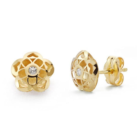 9K Pendientes Oro Amarillo Flor 7X7 Mm Cierre Presion