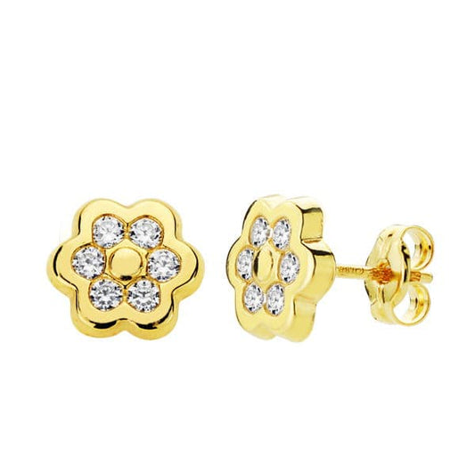 9K Pendientes Oro Amarillo Flor 7X7 Mm Cierre Presion