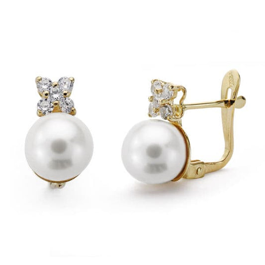 18K Pendientes Oro Amarillo Perla Y Circonita 7 Mm Cierre Catalan