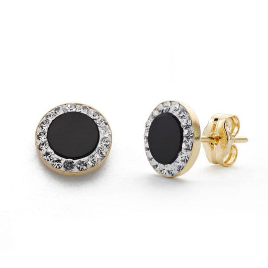 9K Pendientes Oro Bicolor Onix Circonita 7 Mm Cierre Presion