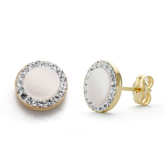 9K Pendientes Oro Amarillo Nacar Circonita 8 Mm Cierre Presion