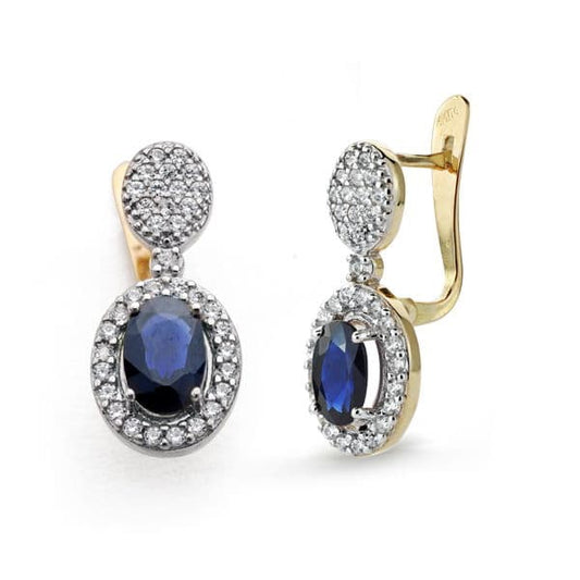 9K Pendientes Oro Bicolor Zafiro Azul 1.24 Qt Y Circonita 18X8 Mm Cierre Catalan