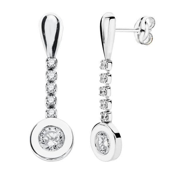 9K Pendientes Oro Blanco Largos Con Circonita 25X7 Mm Cierre Presion