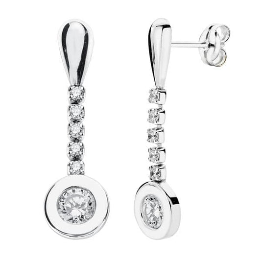 9K Pendientes Oro Blanco Largos Con Circonita 25X7 Mm Cierre Presion