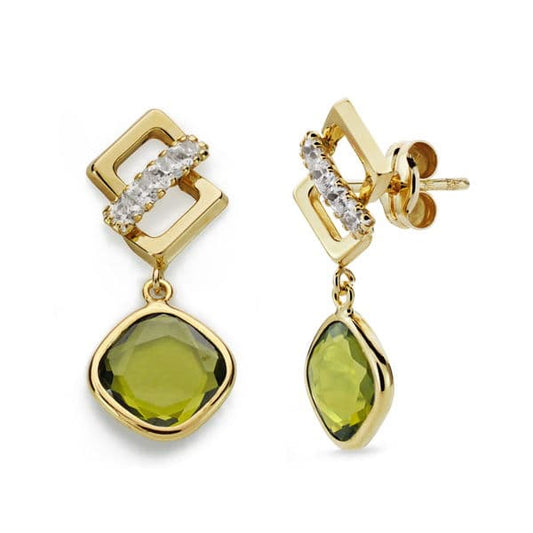 9K Pendientes Oro Amarillo Piedra Verde Y Circonita 23X10 Mm Cierre Presion
