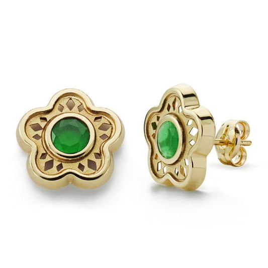 9K Pendientes Oro Amarillo Estrella Calada Piedra Color Verde Cierre Presion