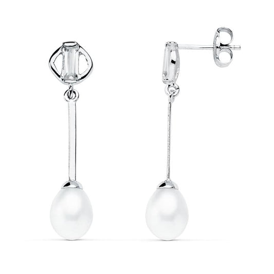 9K Pendientes Largos Oro Blanco Perla Cierre Presion