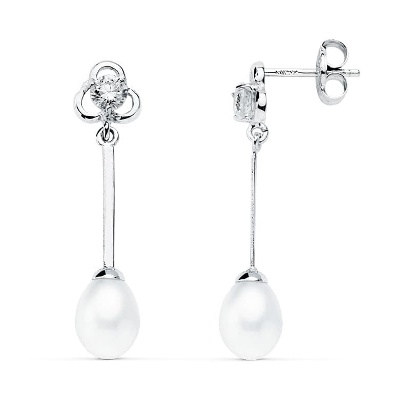 9K Pendientes Largos Oro Blanco Perla Cierre Presion
