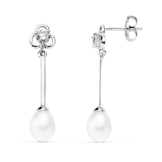 9K Pendientes Largos Oro Blanco Perla Cierre Presion