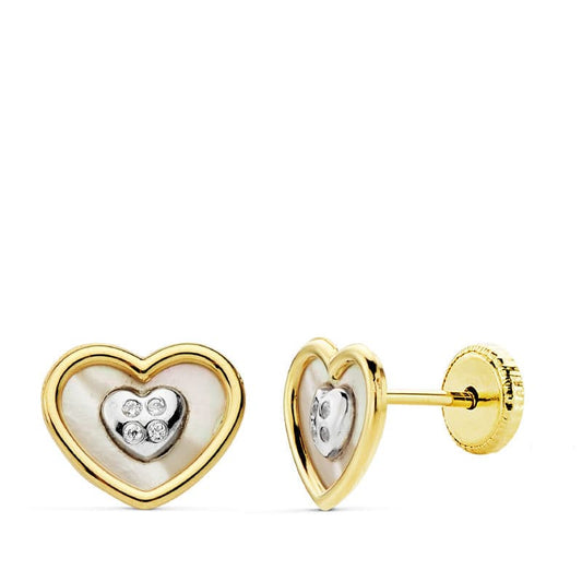 18K Pendientes Oro Bicolor Corazon Nacar Cierre Tuerca