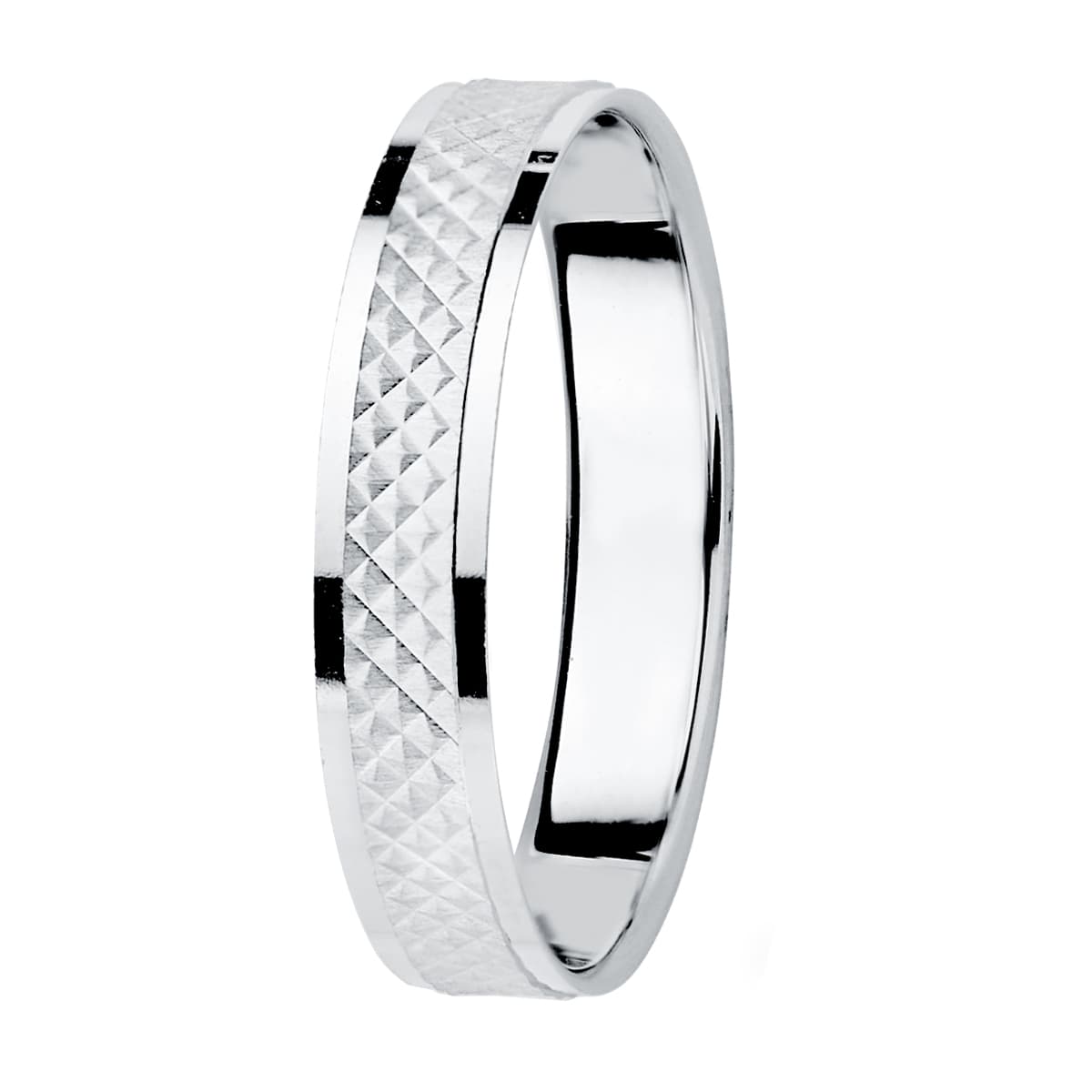 18K Alianza Oro Blanco Bordes Brillo Y Centro Tallado. Ancho: 3,5 Mm