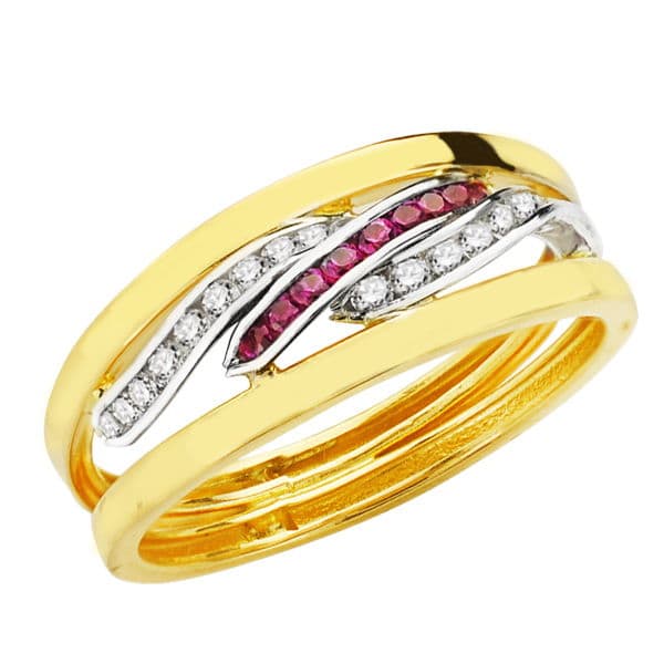 9K Sortija Oro Bicolor Bandas Con Circonita Blancas Y Rojas. Ancho: 6,5 Mm