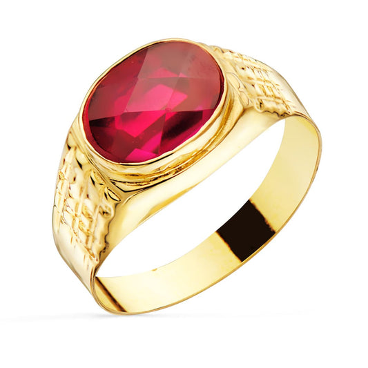 18K Sello Oro Amarillo Con Piedra Rubi Spinel 10X8 Mm Lateral Tallado