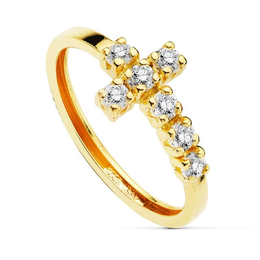 9K Sortija Oro Amarillo Cruz Con Circonitas. Ancho: 14 Mm