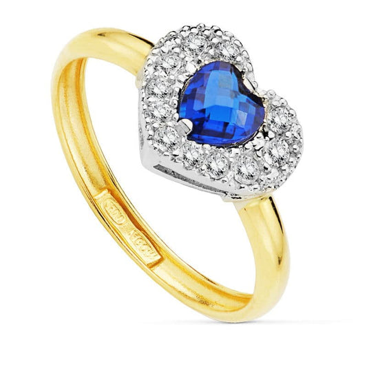 9K Sortija Oro Bicolor Con Circonita Azul Corazon Y Circonitas. Medida: 12X 10Mm
