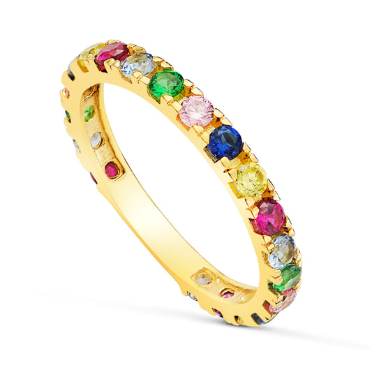 18K Alianza Oro Amarillo Circonita Colores Garras. Ancho Cuerpo: 2,5 Mm