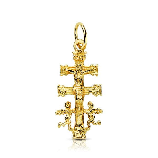 9K CRUZ ORO AMARILLO CARAVACA CON CRISTO. MEDIDA: 24 X 11 MM