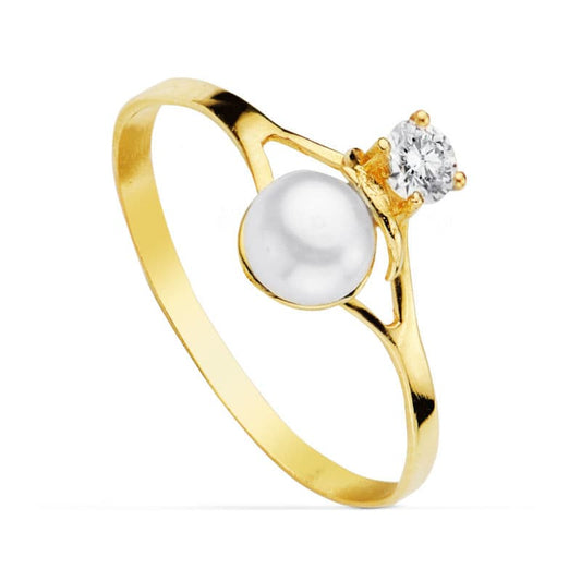 18K Sortija Oro Amarillo Con Perla De 4,5 Mm Y Circonita. Ancho: 8,5 Mm