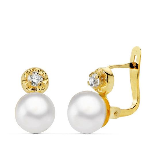 18K Pendientes Oro Amarillo Perla Y Circonita 11X7 Mm Cierre Catalan