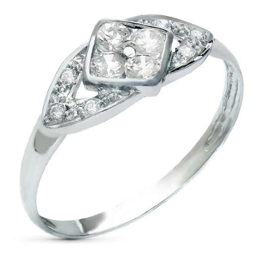18K Sortija Oro Blanco Rombo Con Circonita Ancho 7 Mm