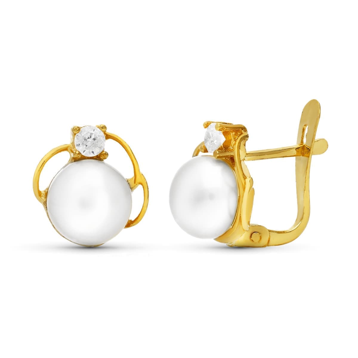 18K Pendientes Oro Amarillo Perla Y Circonita 9X9 Mm Cierre Catalan