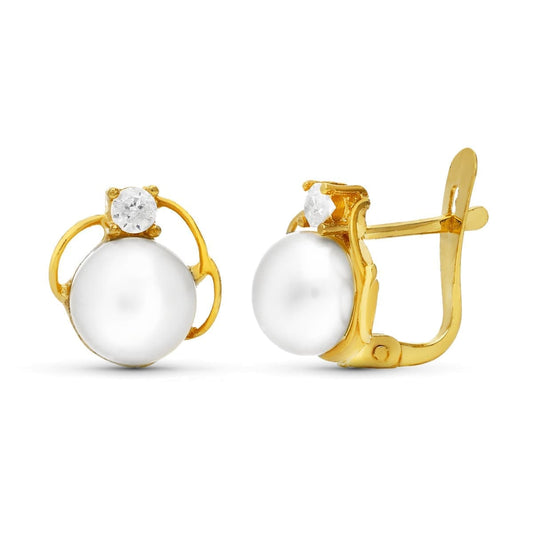 18K Pendientes Oro Amarillo Perla Y Circonita 9X9 Mm Cierre Catalan