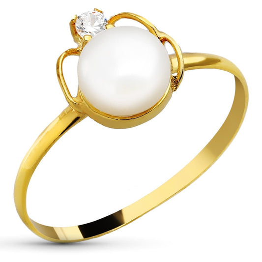 18K Sortija Oro Amarillo Con Perla De 6 Mm Y Circonita. Ancho: 9 Mm