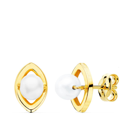 18K Pendientes Oro Amarillo Perla Rombo. 10X7 Mm Cierre Presion
