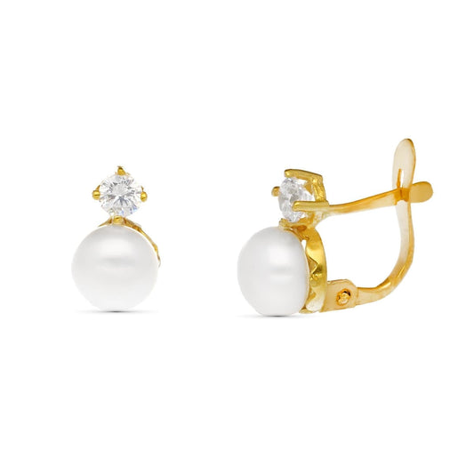 18K Pendientes Oro Amarillo Perla Y Circonita 10X5 Mm Cierre Catalan