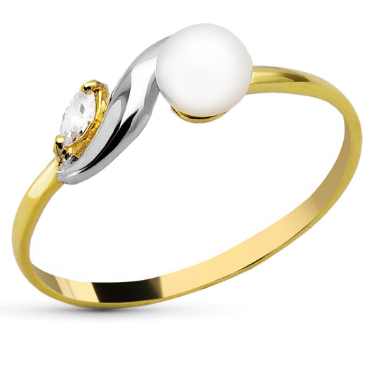 18K Sortija Oro Bicolor Con Perla 4,5 Mm Y Circonita Marquise. Ancho: 6 Mm
