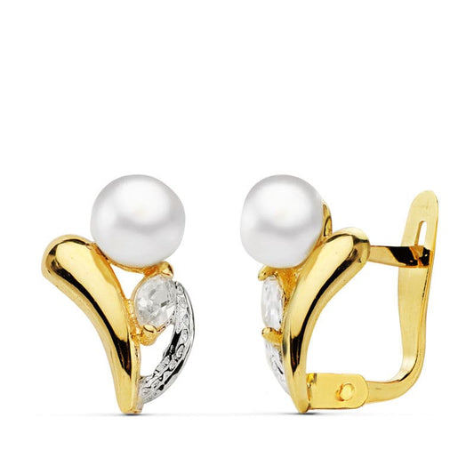 18K Pendientes Oro Bicolor Perla Y Piedra 11X8 Mm Cierre Catalan