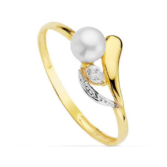 18K Sortija Oro Bicolor Con Perla 4,5 Mm Y Circonitas. Ancho: 8,5 Mm