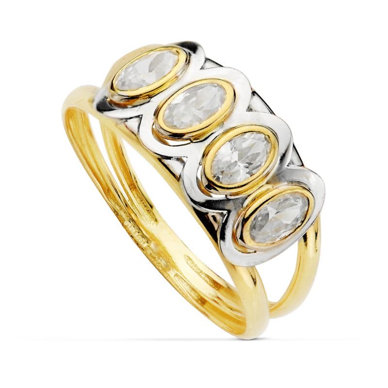 18K Sortija Oro Bicolor Doble Cuerpo Con Circonitas Blancas Ovales. Ancho: 9,5 Mm
