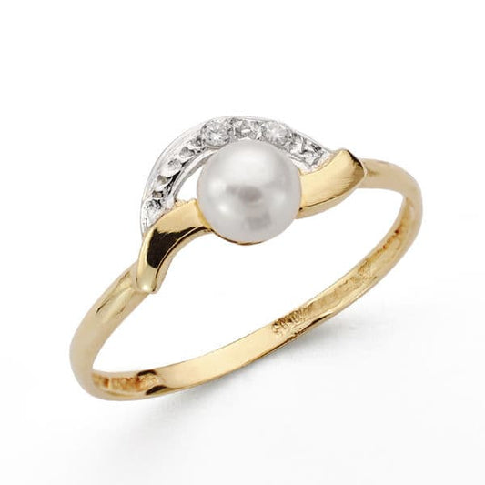18K Sortija Oro Bicolor Con Perla De 5 Mm Y Circonitas. Ancho: 7 Mm