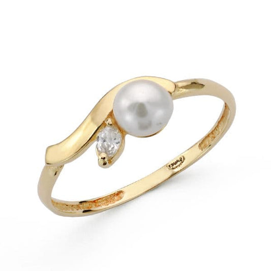 18K Sortija Oro Amarillo Hoja Con Perla 4,5 Mm Y Circonita. Ancho: 6 Mm