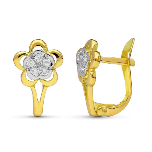 18K Pendientes Oro Bicolor Flor 12X8 Mm Cierre Catalan