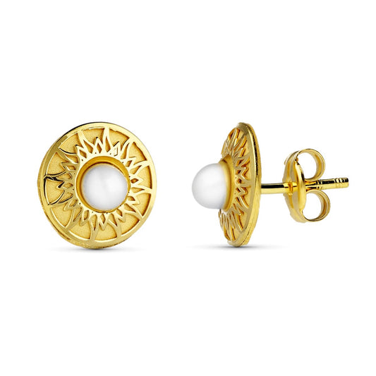 18K Pendientes Oro Amarillo Redondos 9 Mm Perlita 3 Mm Cierre Presion