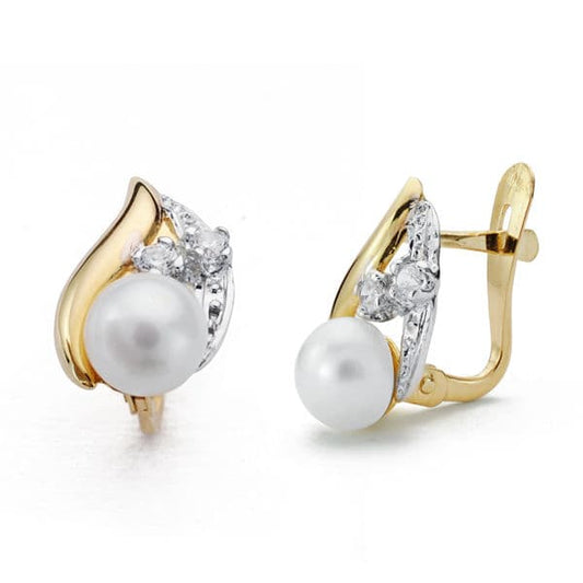 18K Pendientes Oro Bicolor Comunion. Perla Circonita 12X7 Mm Cierre Catalan