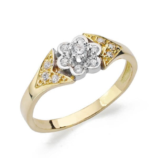 18K Sortija Oro Bicolor Flor Con Circonitas. Ancho: 6,5 Mm