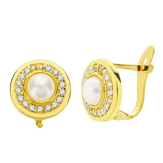 18K Pendientes Oro Amarillo Perla Y Circonita 9 Mm Cierre Catalan